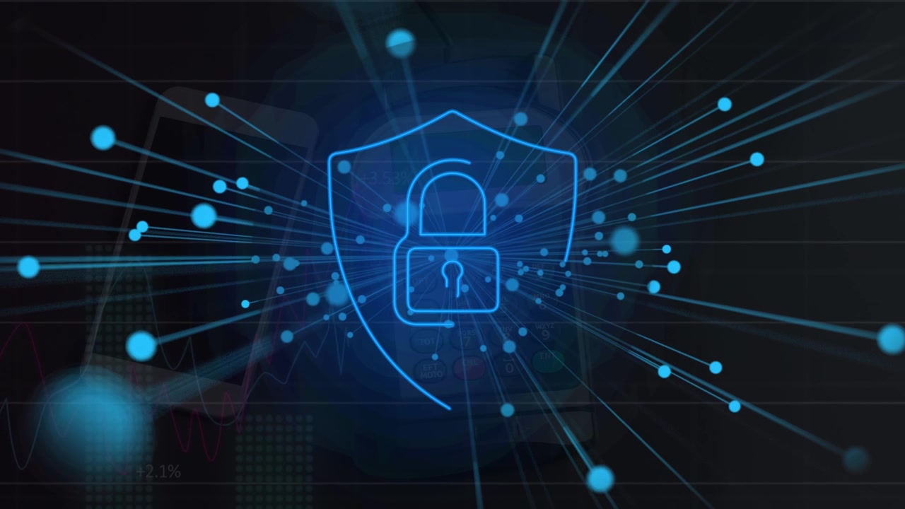 Animation of data processing and padlock over smartphone