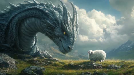 dragon and sheep in a mountain landscape