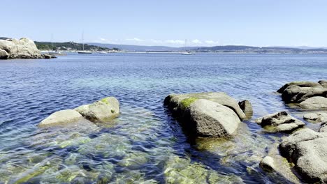 right to left pan footage of rocky shore with turquoise water in spain