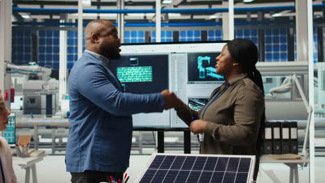 photovoltaics factory manager meeting with investor, talking