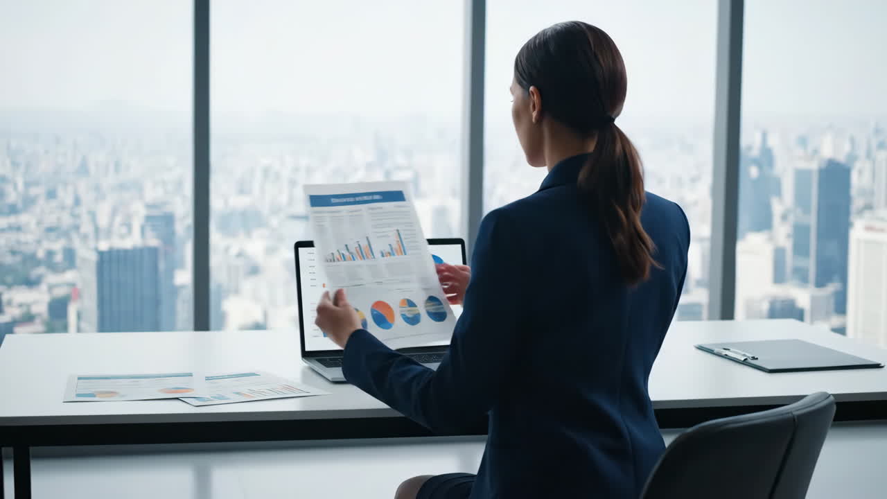 Professional Woman Analyzing Business Data in Modern High-Rise Office