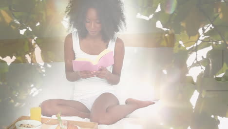 animation of smiling african american woman sitting on bed with book, over sun and leaves