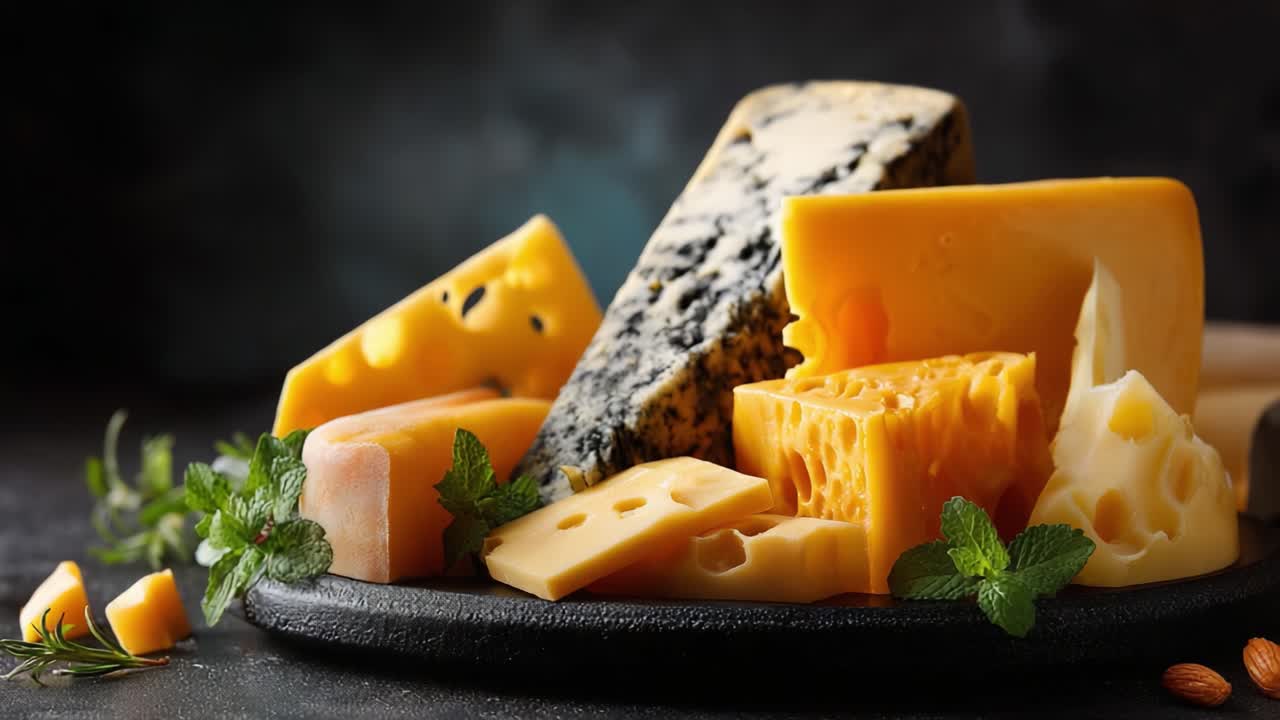 An Artful Display of Gourmet Cheeses on a Rustic Slate Tray Highlighting Various Textures, Colors, and Accompaniments for Culinary Inspiration and Tasting Experiences