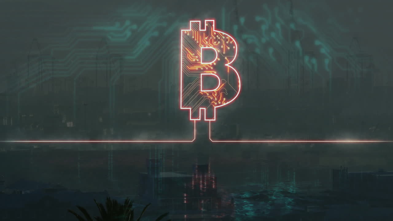 Neon Bitcoin symbol hovering above water, glowing circuit lines extending across futuristic skyline