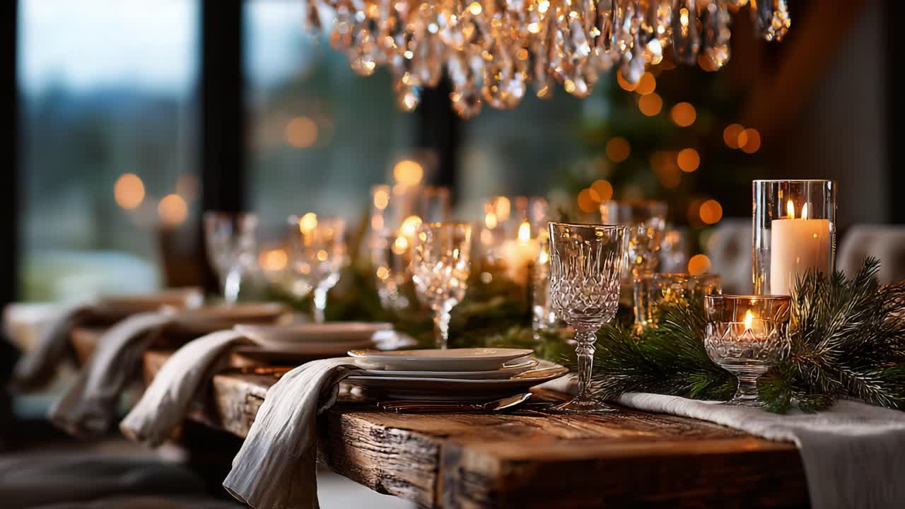 An Elegant Dinner Table Set for a Festive Celebration, Adorned with Crystal Glassware, Flickering Candles, and Lush Greenery, Perfect for Gathering with Friends and Family