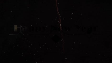 animation of happy new year text in gold, over firework exploding in night sky