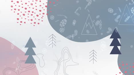 Animation-of-snow-falling-over-christmas-trees-and-mountains-on-pastel-background