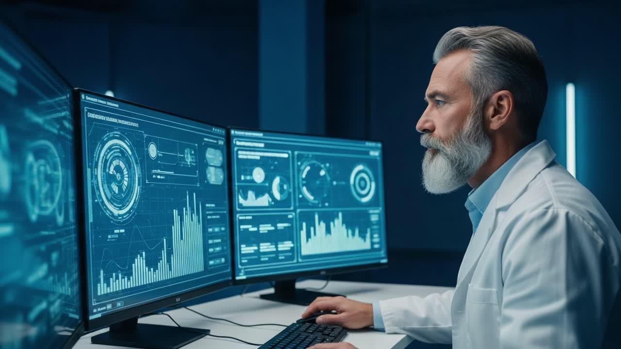A Focused Analyst Observes Complex Data Visualizations on Multiple Monitors in a Modern Tech Environment, Merging Expertise with Advanced Analytical Tools.