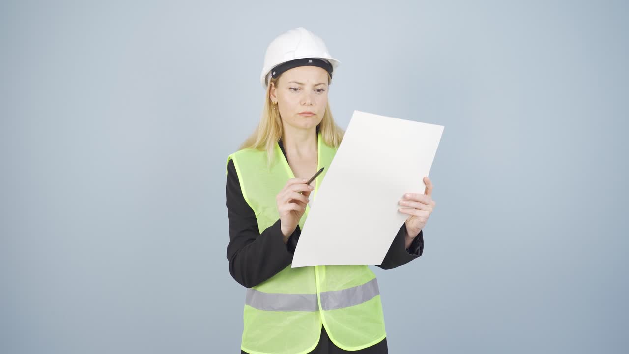 엔지니어는 그녀의 손에 있는 프로젝트를 검토합니다.