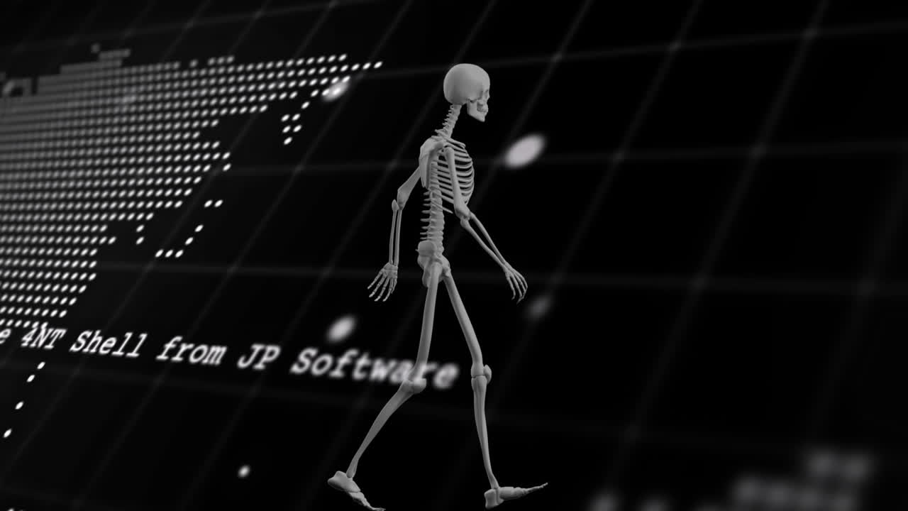 Walking skeleton animation over digital grid with text 4NT Shell from JP Software