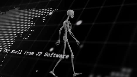 walking skeleton animation over digital grid with text 4nt shell from jp software