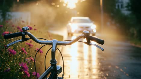 a serene morning ride: capturing the gleaming bicycle handlebar amidst vibrant flowers in the warm glow of sunrise, set against a refreshing misty backdrop
