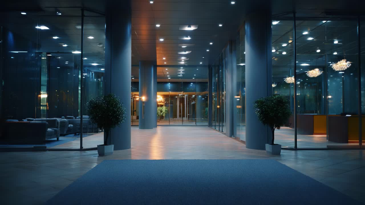 Moderno y sereno vestíbulo nocturno con iluminación elegante y vegetación, que muestra un lujoso diseño arquitectónico y un ambiente acogedor para que los huéspedes disfruten.