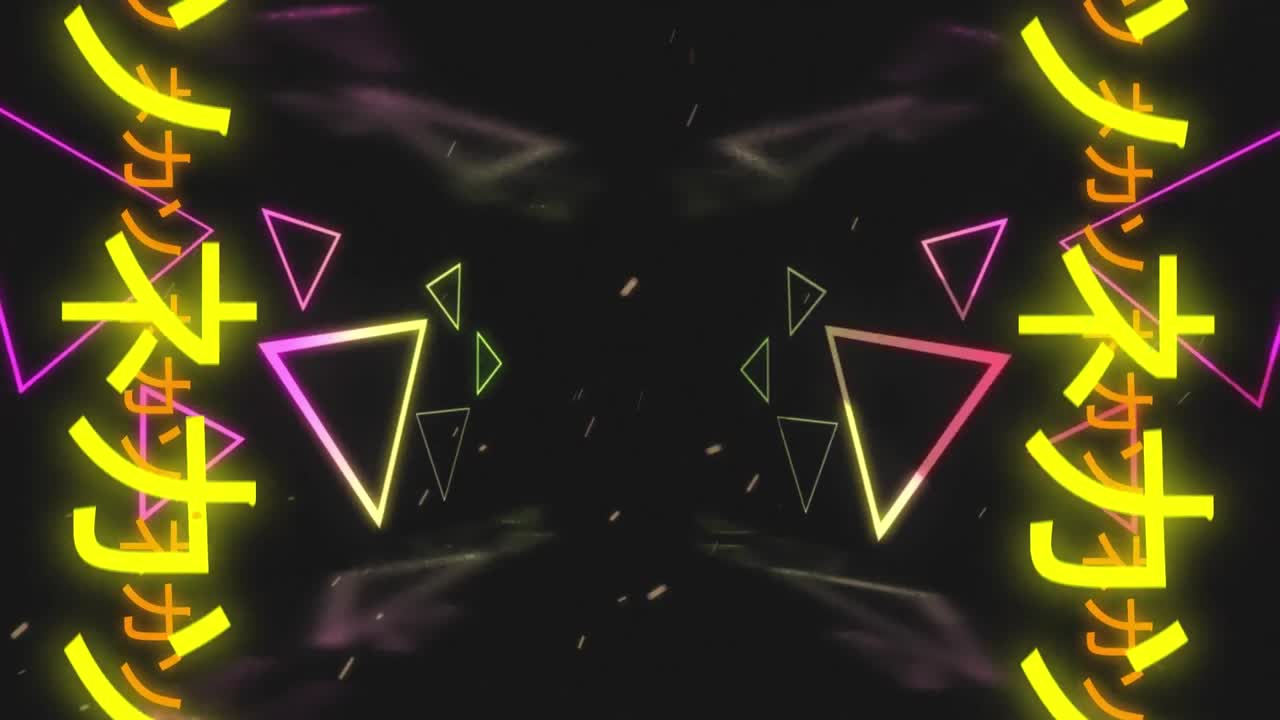 Animazione di ideogrammi cinesi e triangoli al neon su sfondo nero