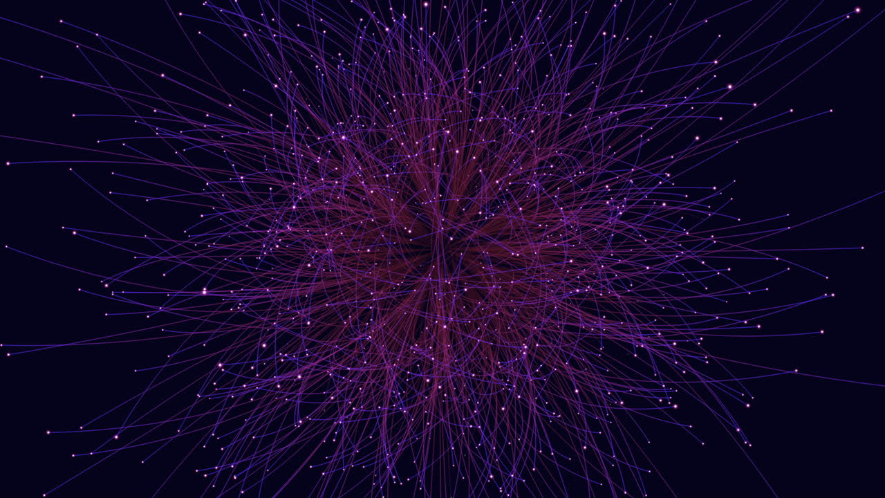 Complex network of lines and dots in circular formation on a dark background
