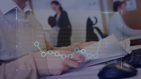 animación de la línea roja de procesamiento de datos financieros sobre empresario caucásico en la oficina