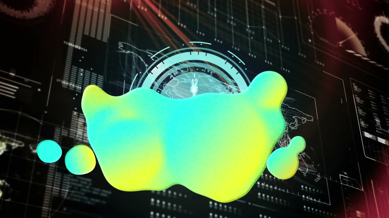 Animation of clock and glowing blob over data processing on screen