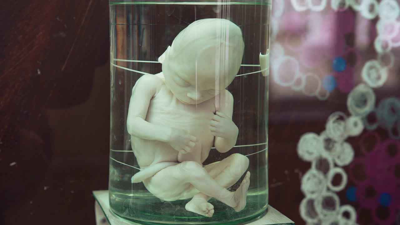 Mannequin of a baby. Dummy body of unborn baby. Manikin of a baby's body in a capsule before born.
