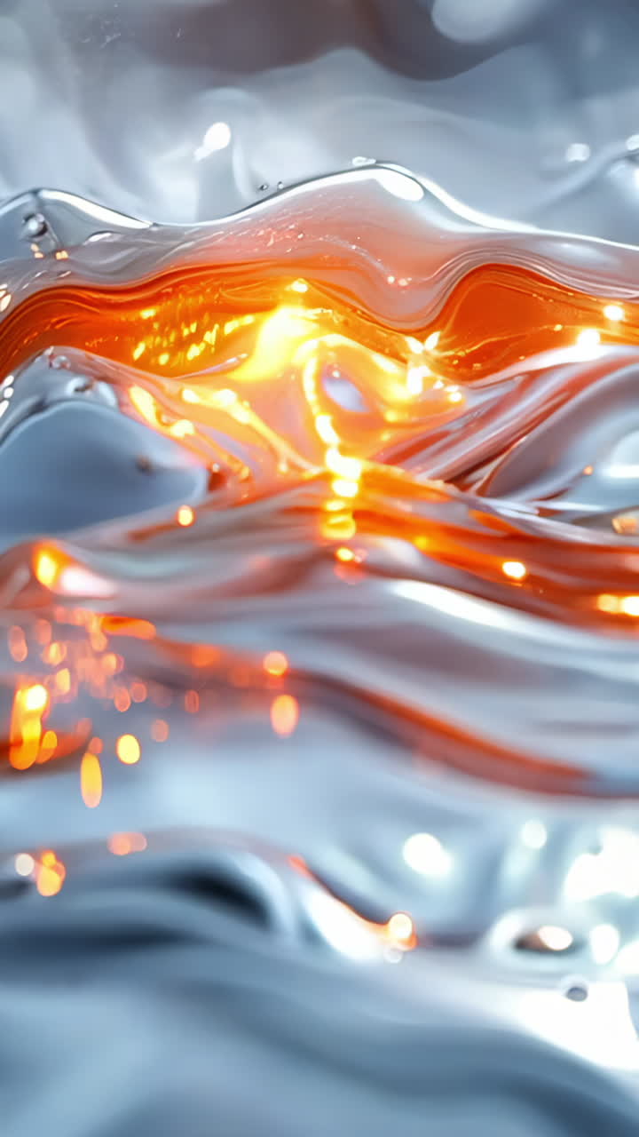 The image is of a wave in the ocean with a bright orange line in the middle. The orange line is surrounded by water and he is glowing. Scene is serene and peaceful, as the wave Vertical video