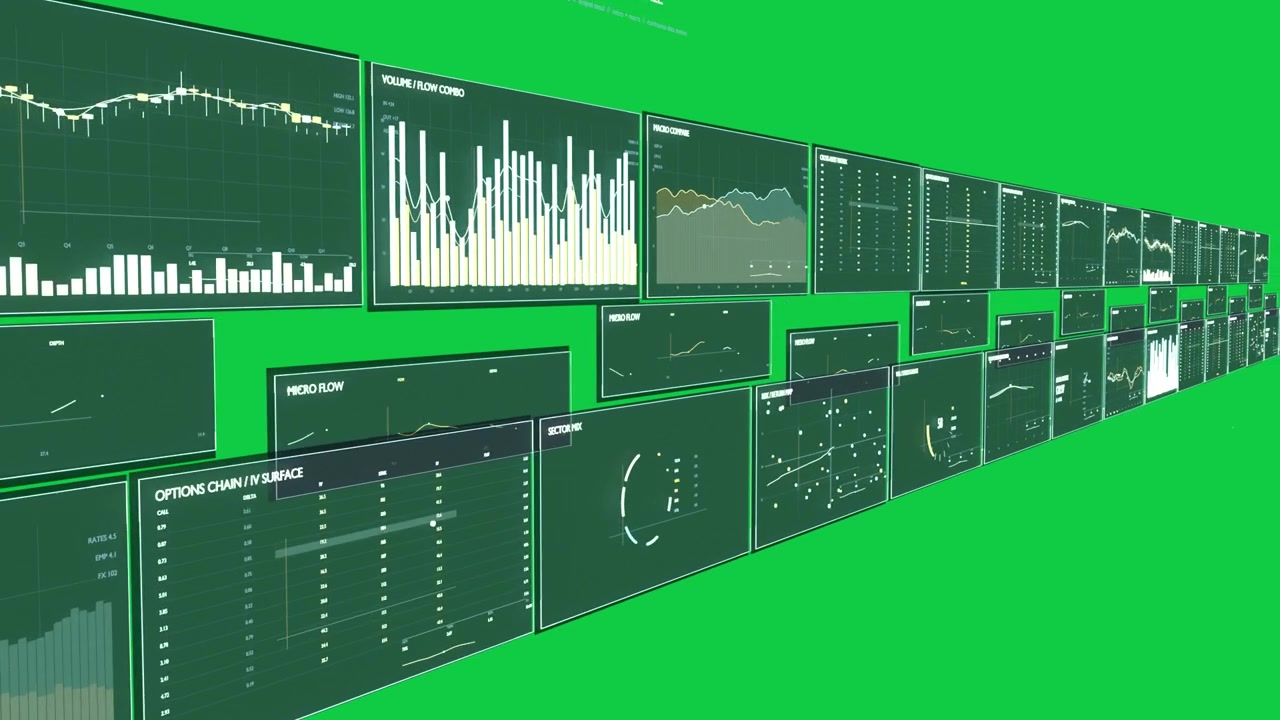 Playback starting, camera sweeping rightward along data wall on transparent bg, showing data trends