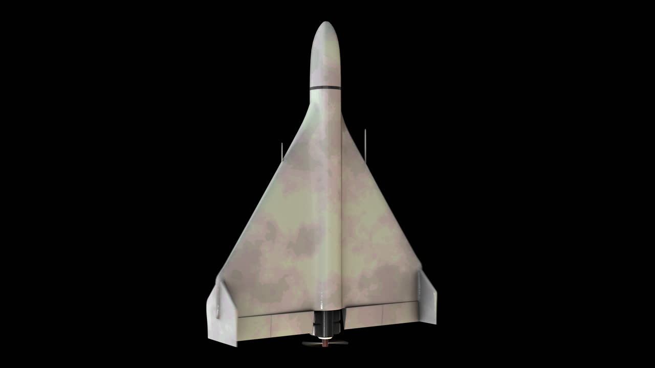 Drone kamikaze Shahed 136 rotante su sfondo nero. Animazione 3D dettagliata in primo piano. UAV Veicolo aereo senza pilota. Guerra aerea con tecnologia moderna. Aereo da combattimento