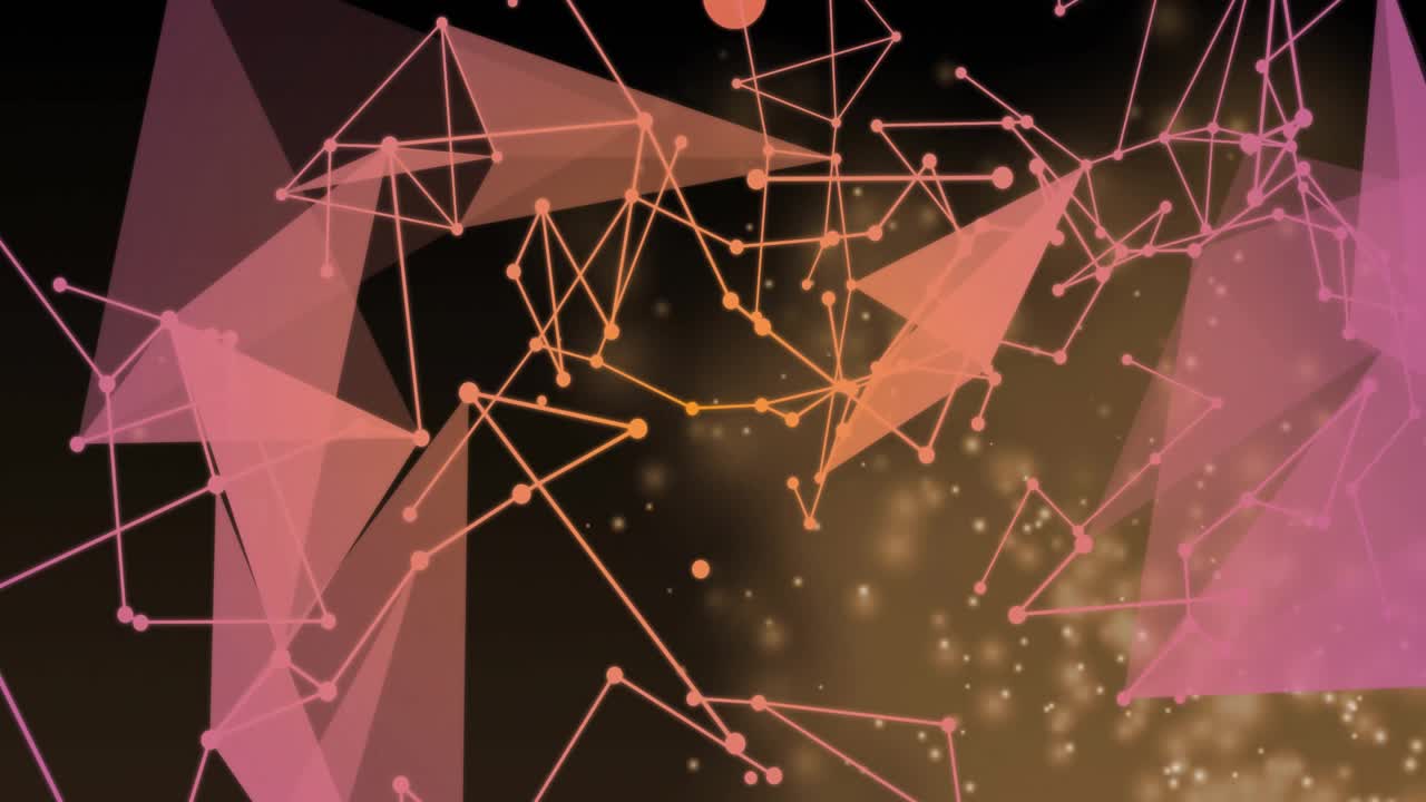 Thin pink-orange lines linking nodes starting network animation facets emerging, sparkles drifting