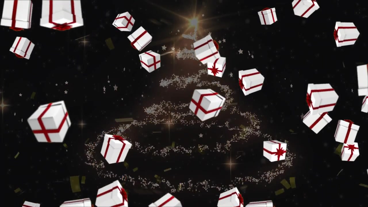 Animated Christmas Gift Boxes Falling with Glowing Tree Silhouette