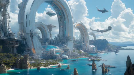 futuristic island cityscape with flying vehicles