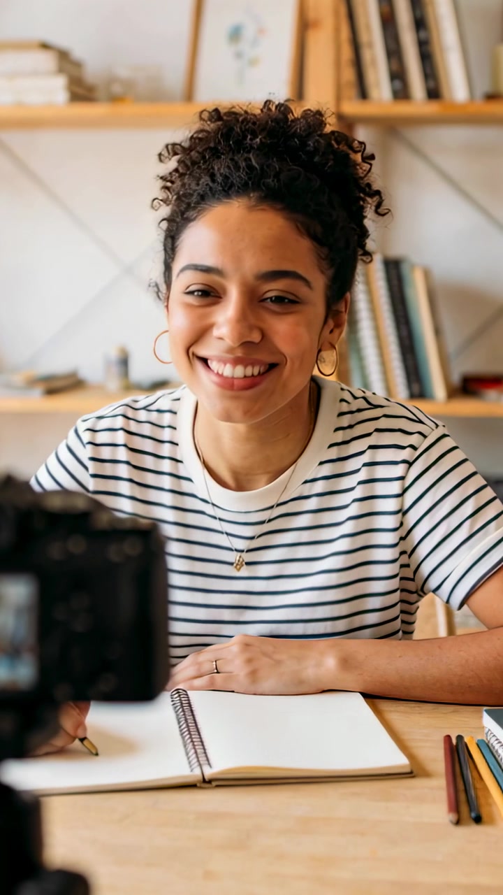 Vertical video: Smiling woman in striped top responding to camera on tripod, recording at home desk