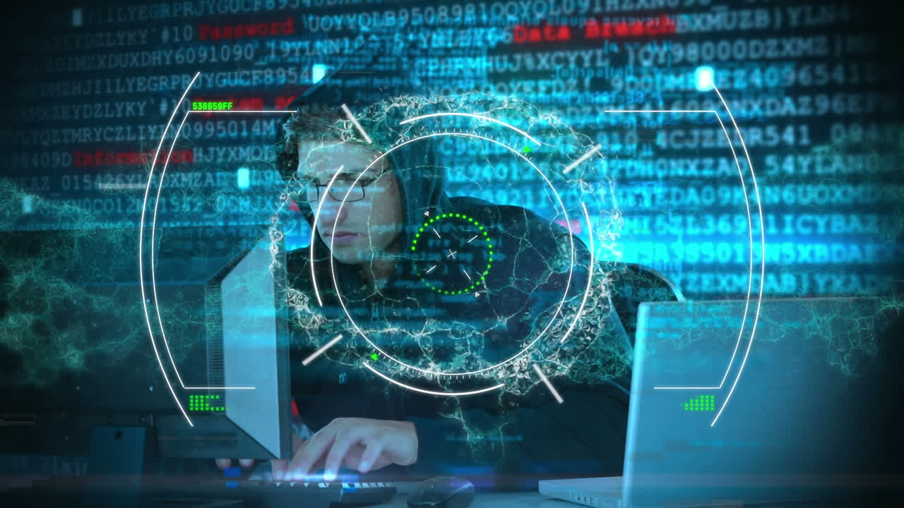 animación del alcance y el procesamiento de datos sobre hacker con computadora portátil