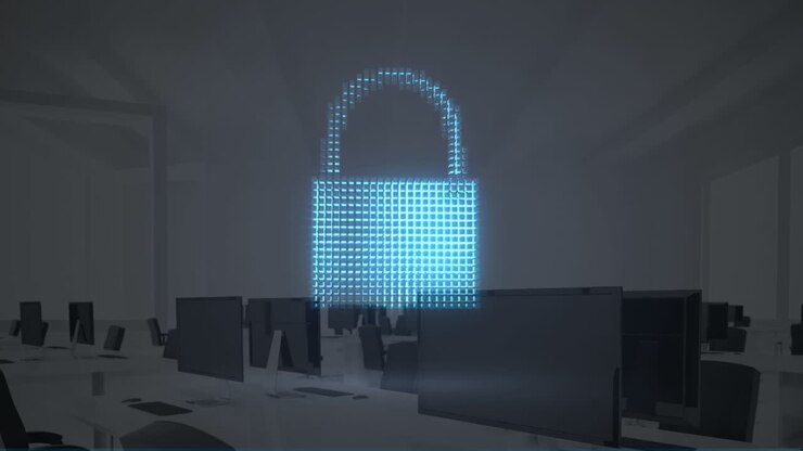 Animation of digital padlock and cloud over computers in office