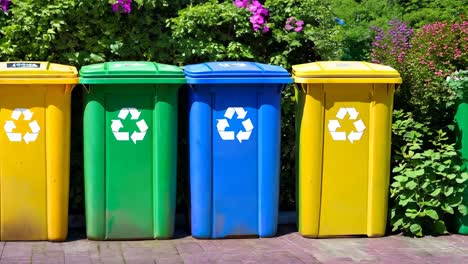 a row of colorful trash cans lined up in front of a hedge