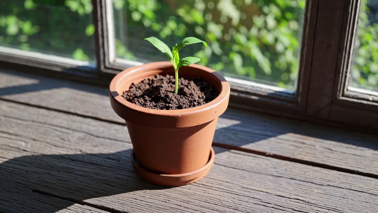 A close-up video of a small plant in a terracotta pot on a wooden windowsill, captured from a side
