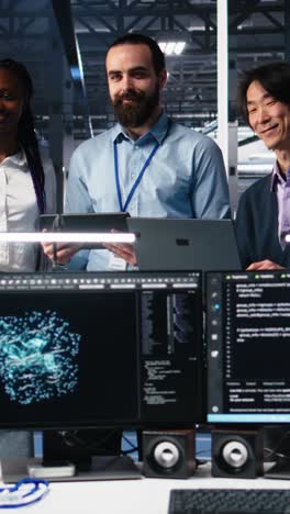 vertical video happy data center coworkers monitoring neural network ai llm