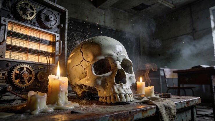 Candele tremolanti attorno a un teschio crepato, cornici che si muovono emettendo fumo in laboratorio, radio antica che si illumina.