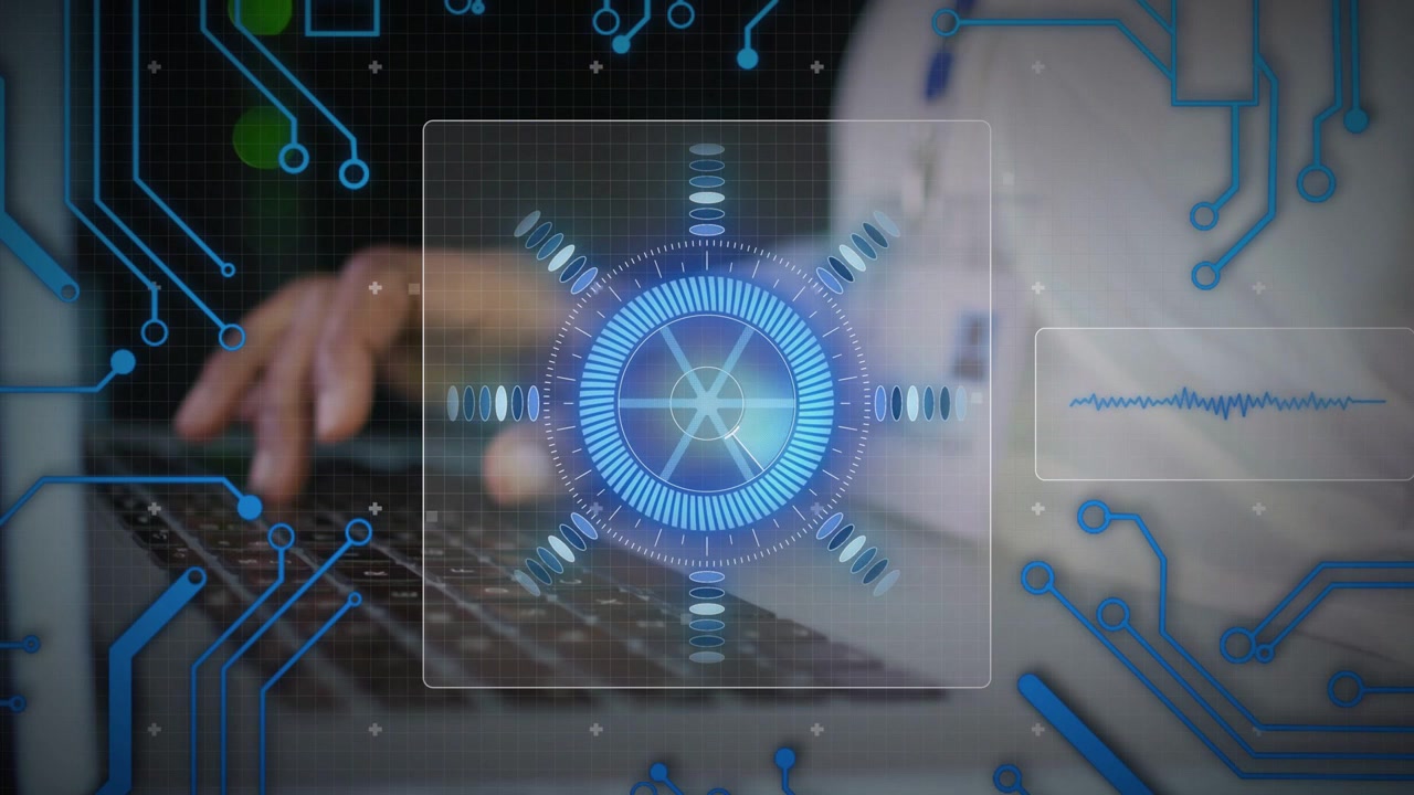 Man reaching keyboard and beginning typing at desk monitoring blue HUD pulsing with typing rhythm