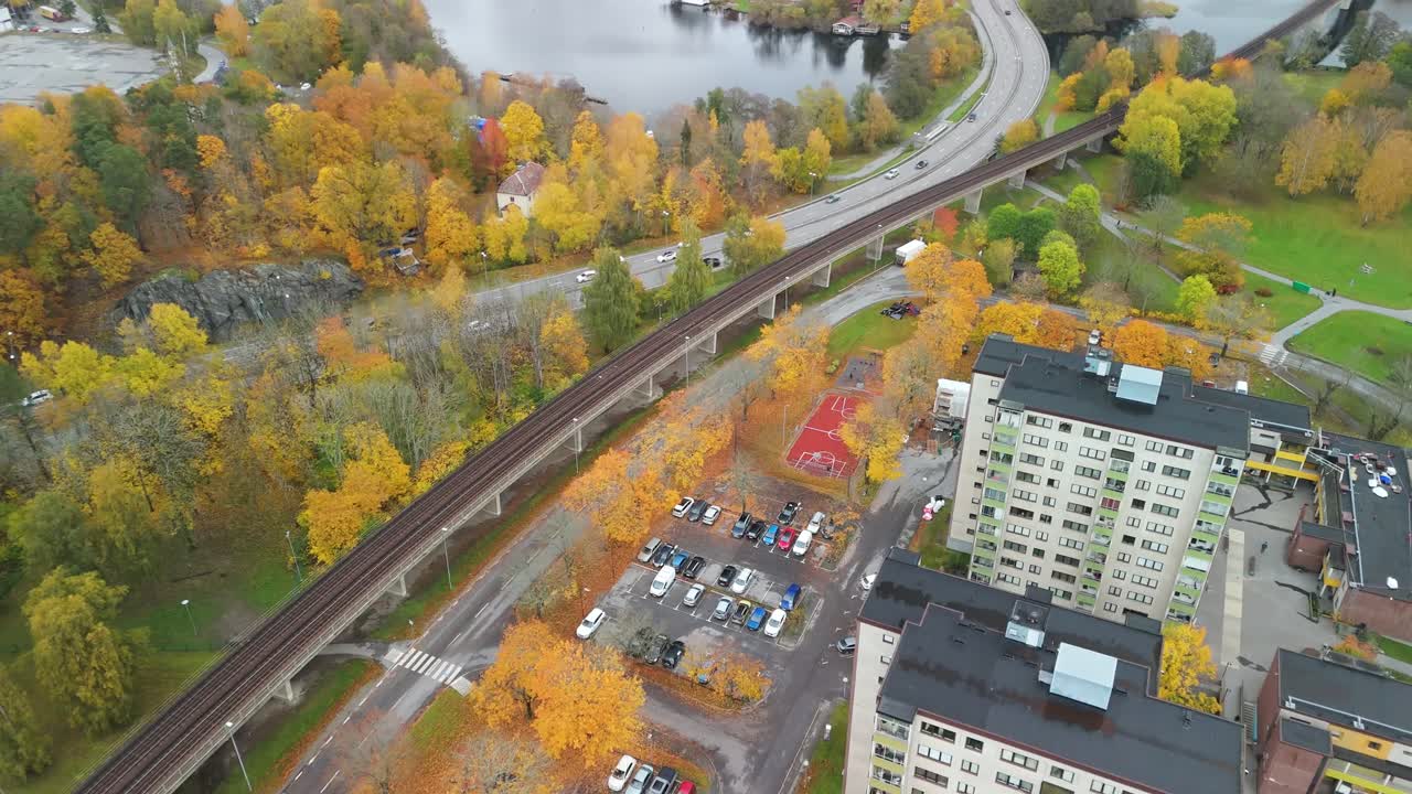 Aerial view of a Swedish suburb in s Stockholm