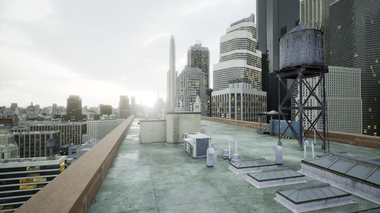 Rooftop view of a bustling city skyline at sunrise featuring water towers