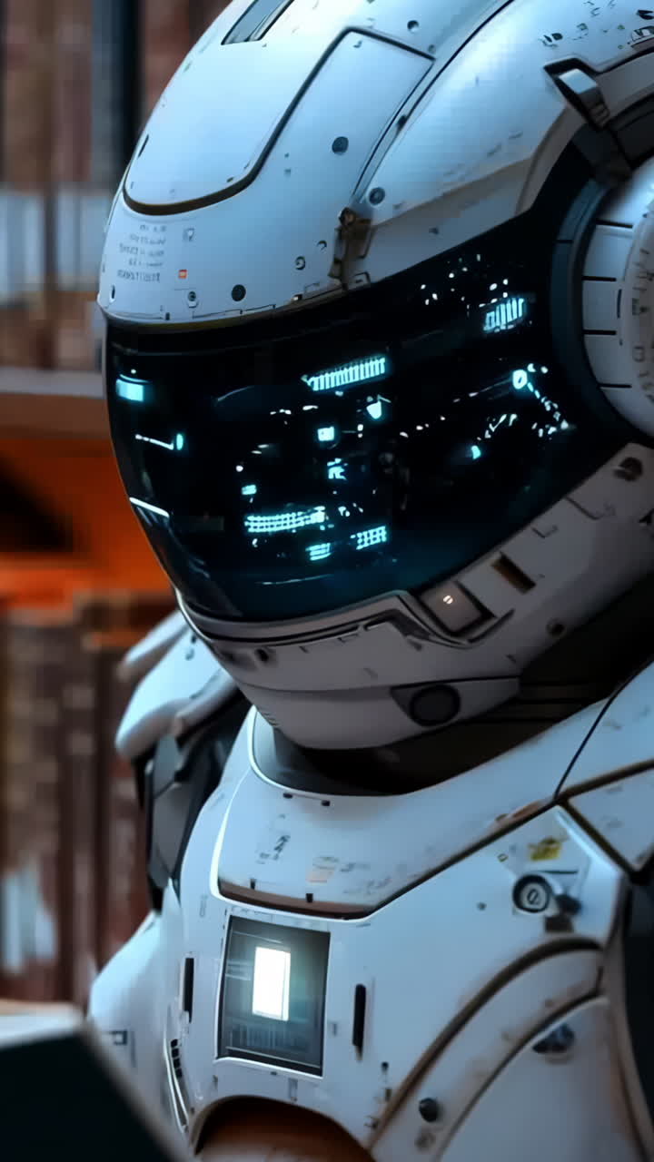 A robot is sitting in a library reading a book. The robot is white and has a helmet on. The robot is surrounded by many books, some of which are on the shelves and others are on the floor