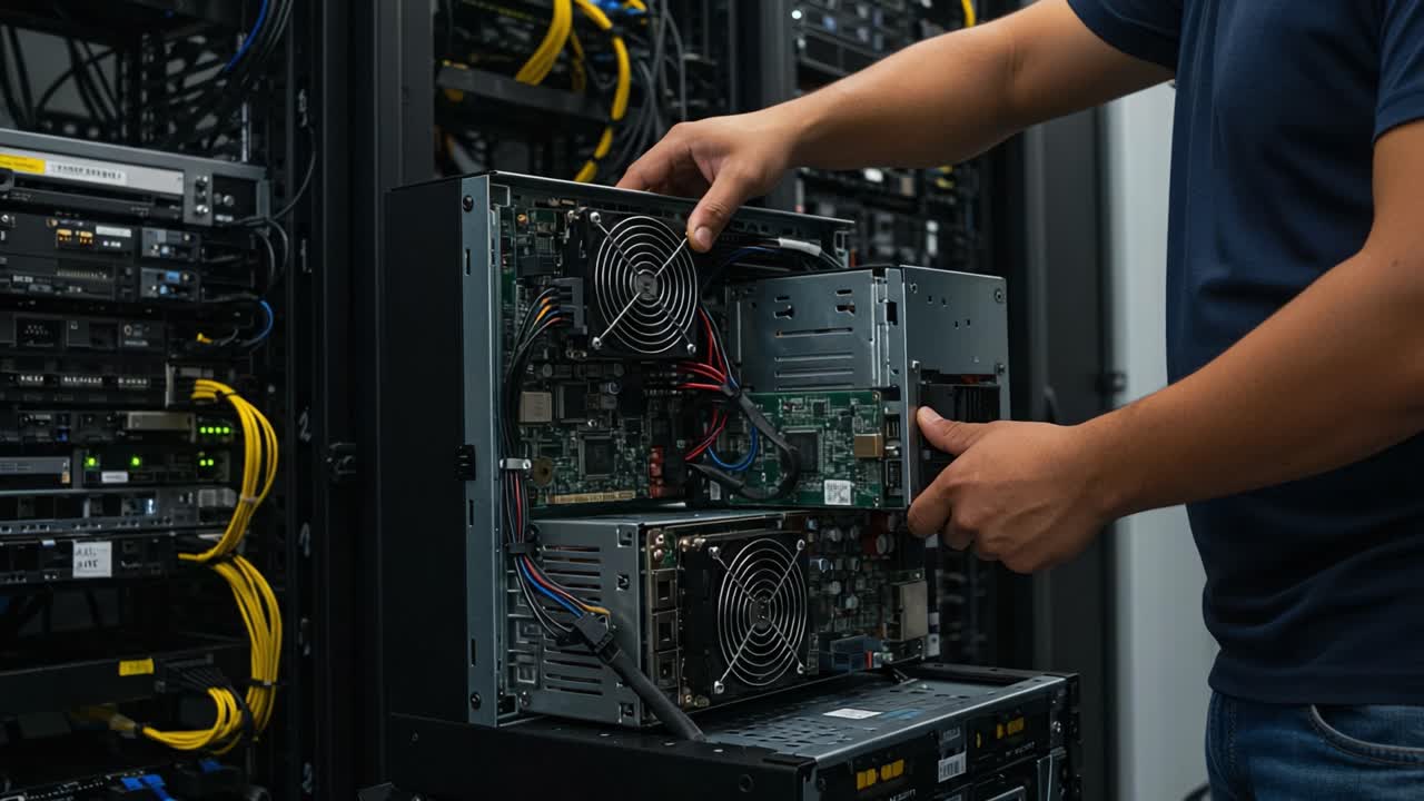 A technician skillfully works to install and configure server components inside a data center rack, ensuring efficient performance and streamlined connectivity across systems