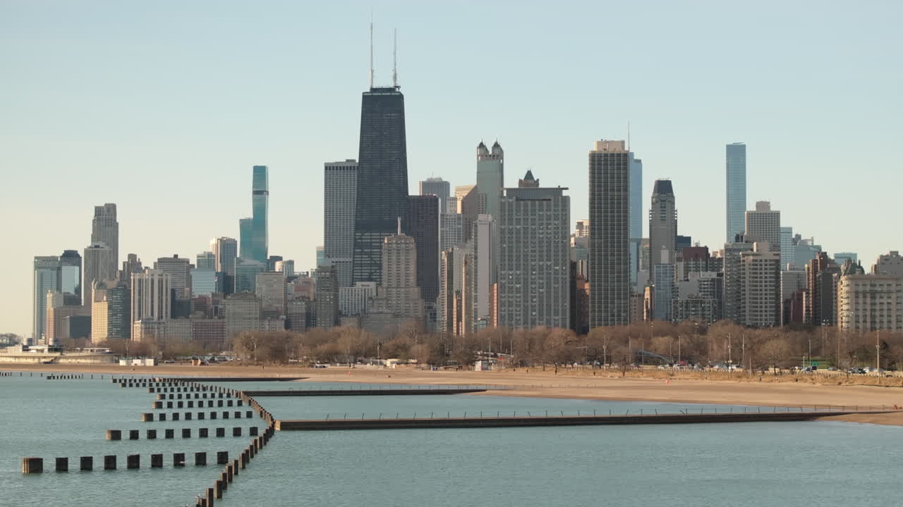 Aerial view of Chicago and Lake Michigan at sunrise.