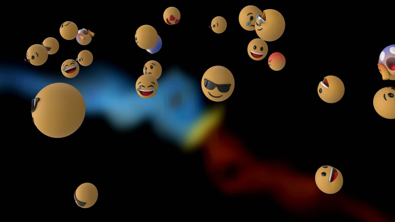 어두운 배경 위에 떨어지는 여러 이모지 애니메이션