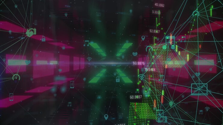 Financial data processing and globes of digital icons spinning against glowing tunnel