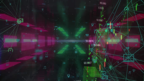 procesamiento de datos financieros y globos de iconos digitales girando contra el túnel brillante