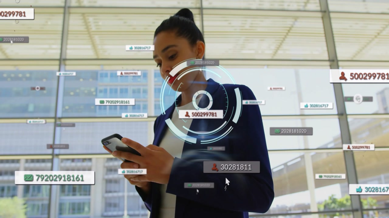 Woman holding phone, looking down by glass wall, activating HUD, managing data tags for business
