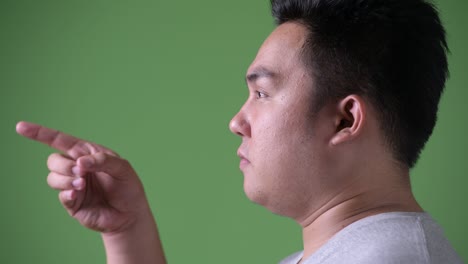 young handsome overweight asian man against green background