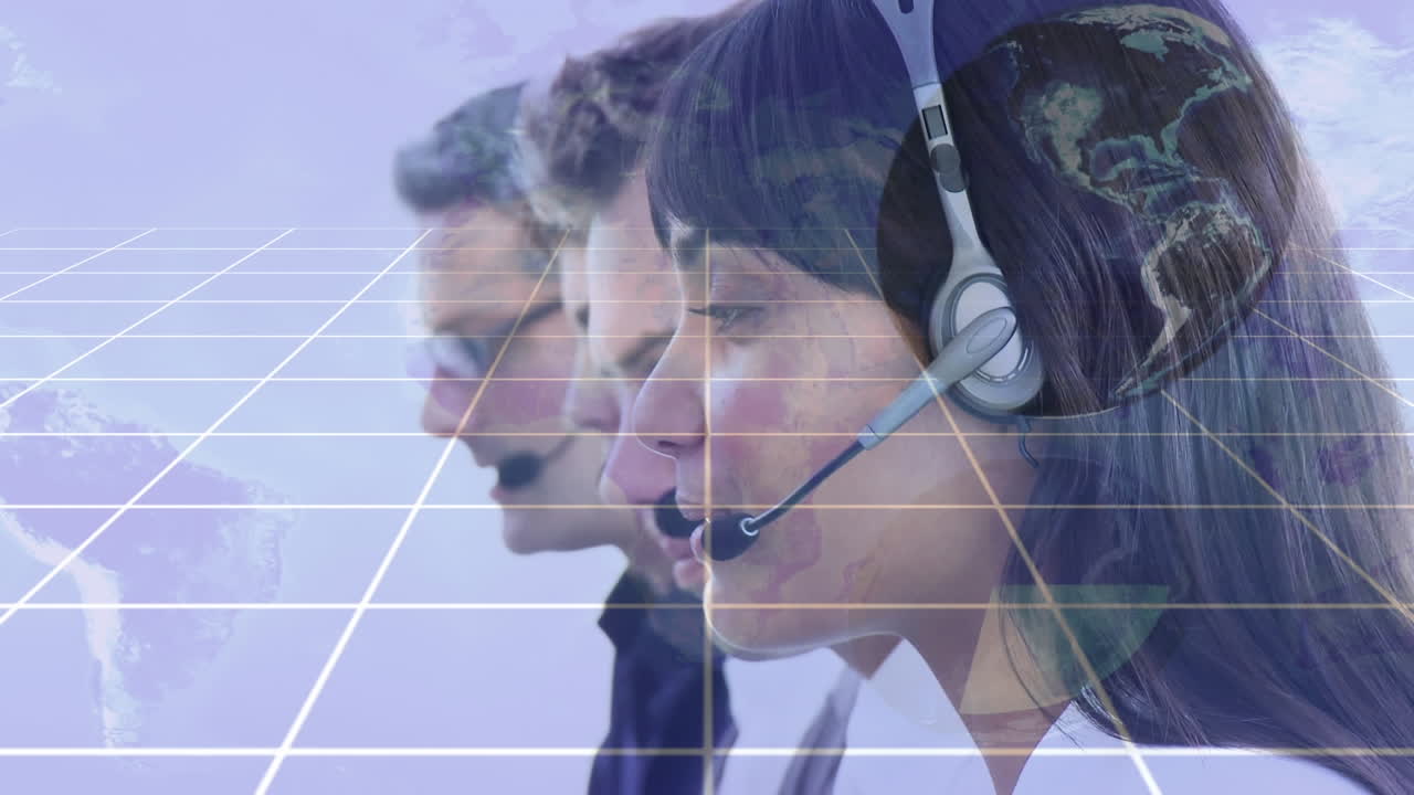 헤드 ⁇ 을 착용한 사업가들에 대한 금융 데이터 처리 애니메이션