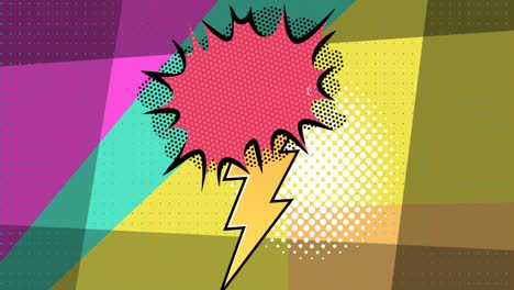 animation of speech bubble with lightning on colourful moving background