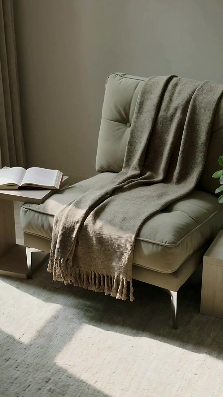 Video verticale: La telecamera panoramica rivela una poltrona lounge con plaid a casa, mostrando un angolo lettura tranquillo
