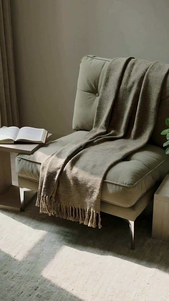Vertical video: Camera panning revealing lounge chair with throw at home, showing calm reading nook